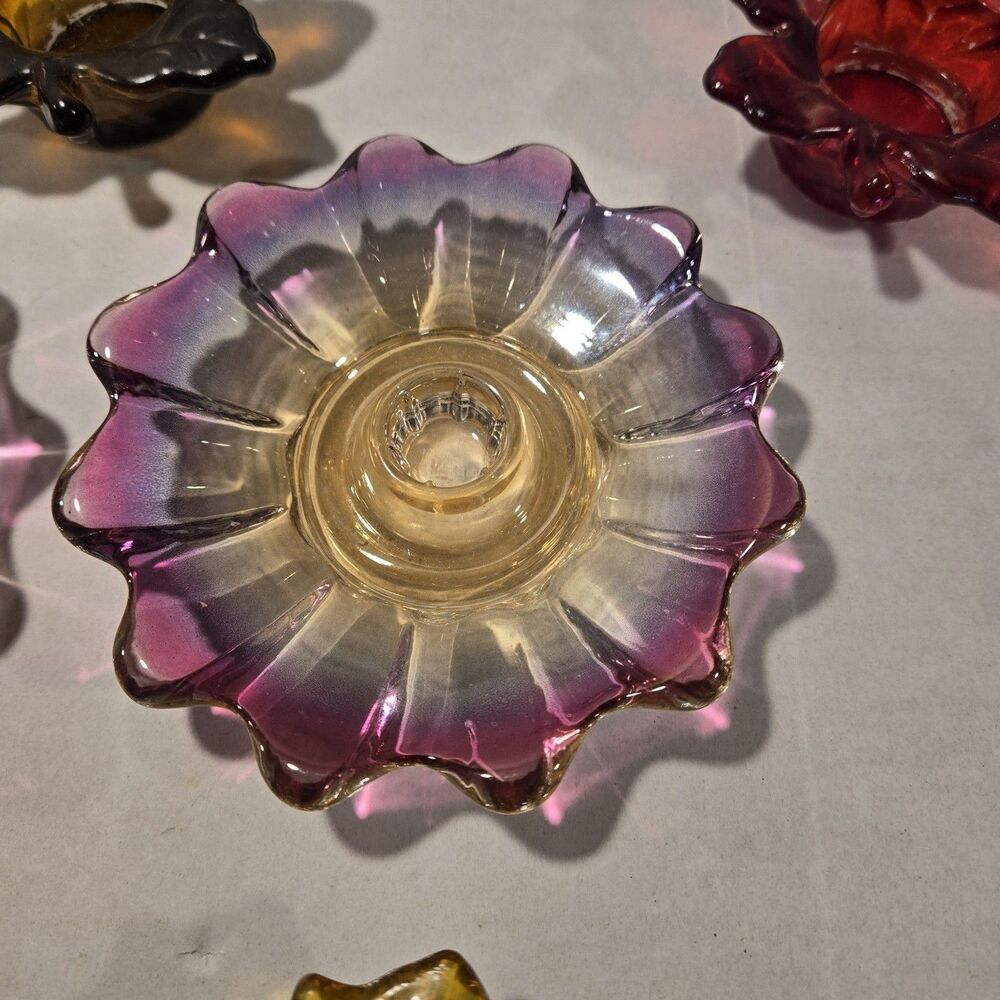 Vintage Federal Glass Celestial Candle Holder Set - Iridescent Sunburst & Autumn